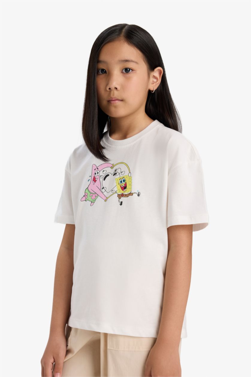 Kız Çocuk - Genç Kız Kırık Beyaz SpongeBob Relax Fit Bisiklet Yaka Sırt Baskılı Kısa Kollu Tişört Kız Çocuk
