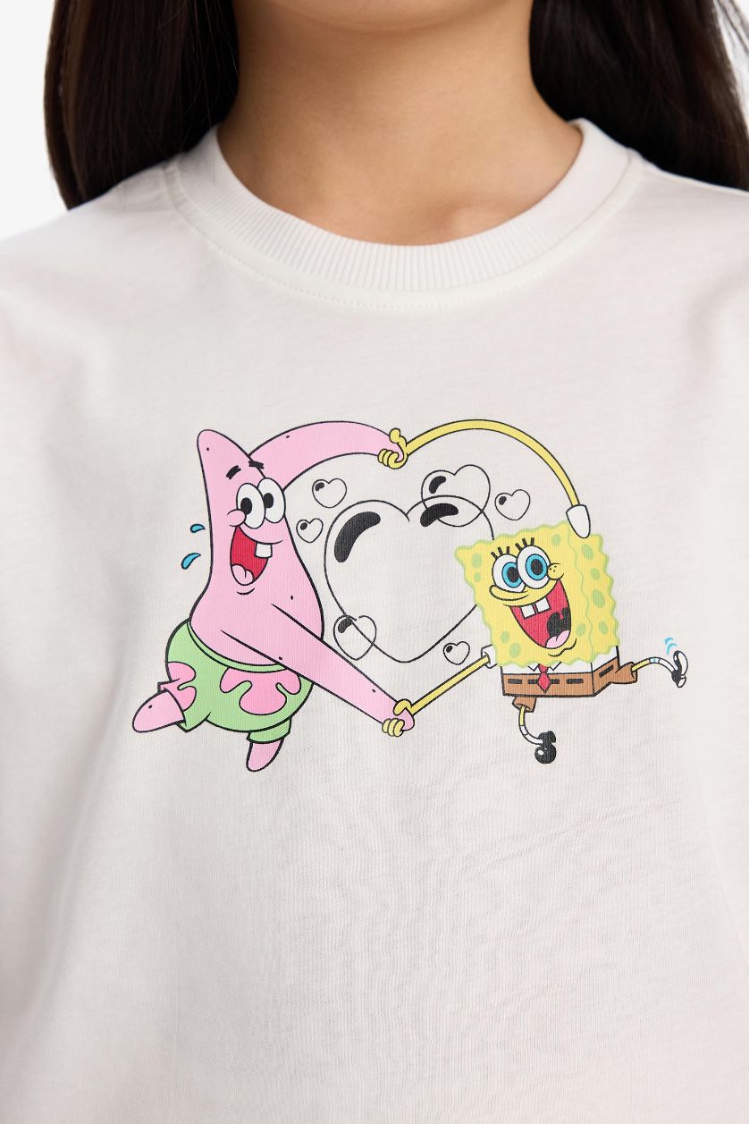 Kız Çocuk - Genç Kız Kırık Beyaz SpongeBob Relax Fit Bisiklet Yaka Sırt Baskılı Kısa Kollu Tişört Kız Çocuk