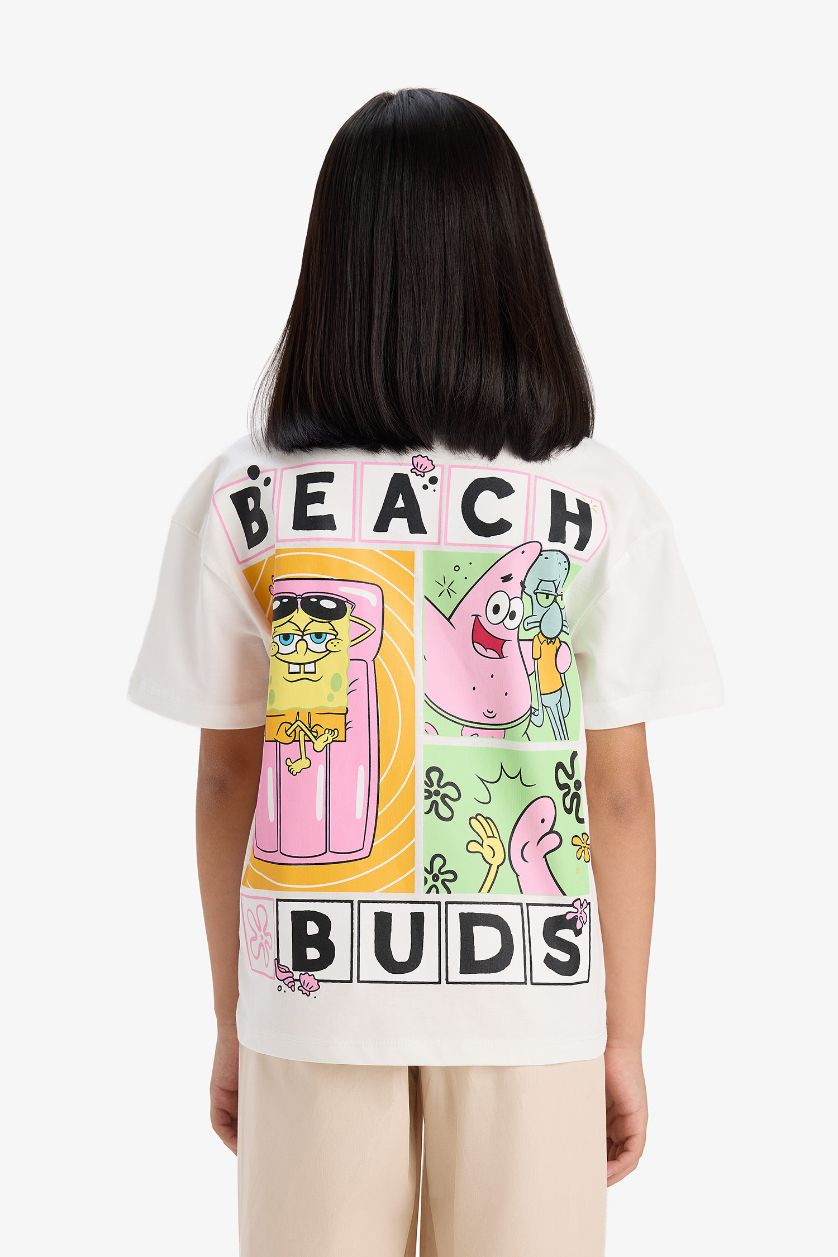 Kız Çocuk - Genç Kız Kırık Beyaz SpongeBob Relax Fit Bisiklet Yaka Sırt Baskılı Kısa Kollu Tişört Kız Çocuk