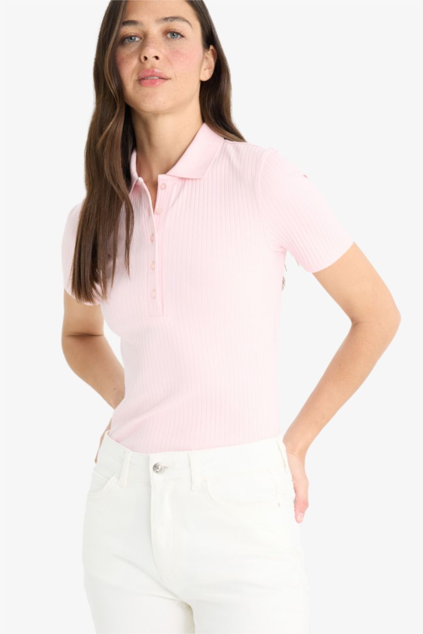 Kadın Pembe Slim Fit Dar Kesim Polo Yaka Fitilli Kaşkorse Kısa Kollu Tişört