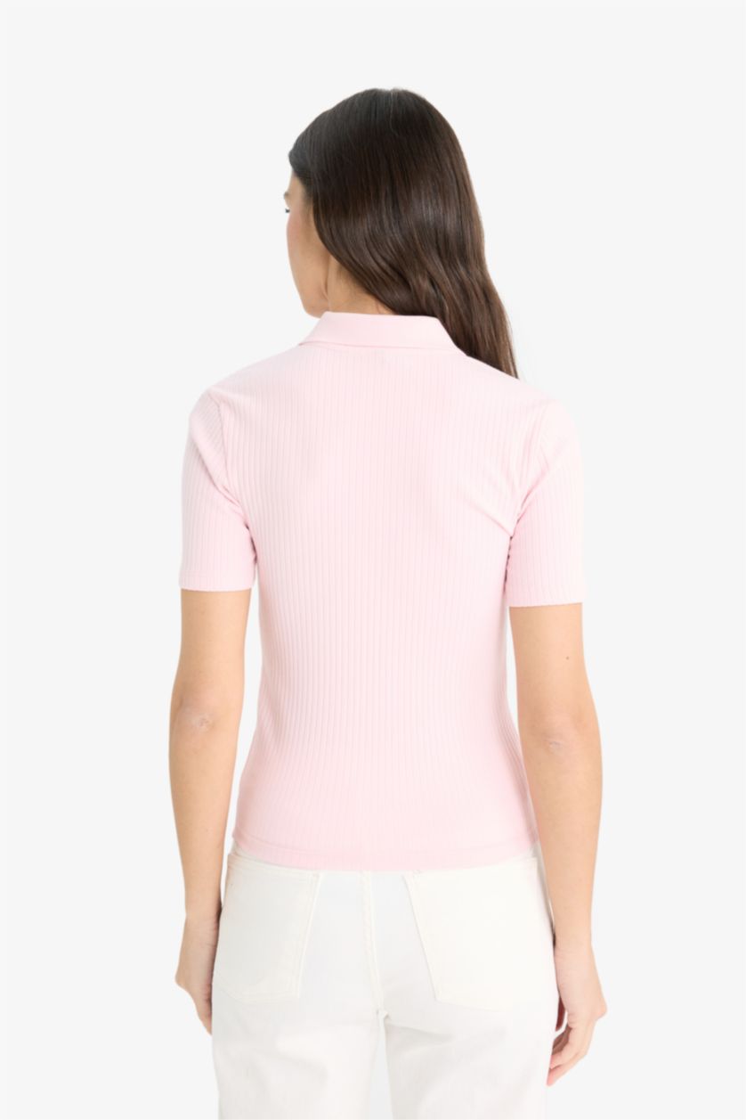 Kadın Pembe Slim Fit Dar Kesim Polo Yaka Fitilli Kaşkorse Kısa Kollu Tişört