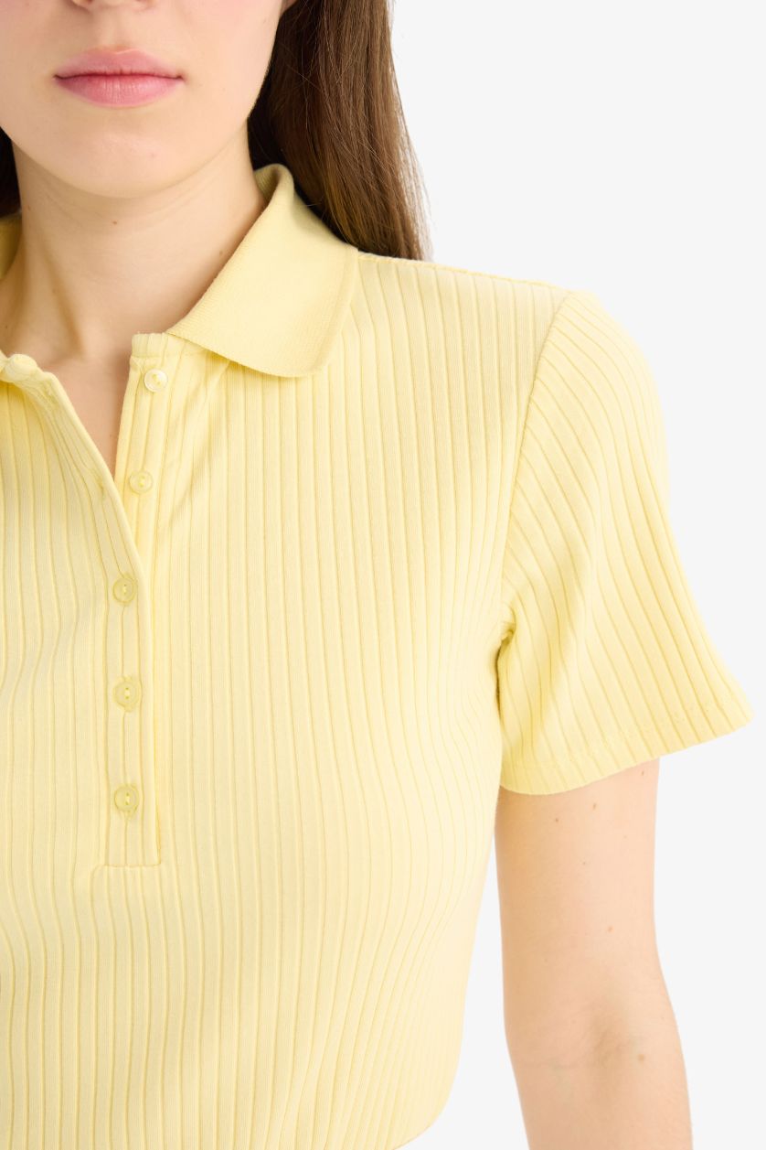 FEMME Jaune Clair Slim Fit Corduroy Short Sleeve Polo Shirt