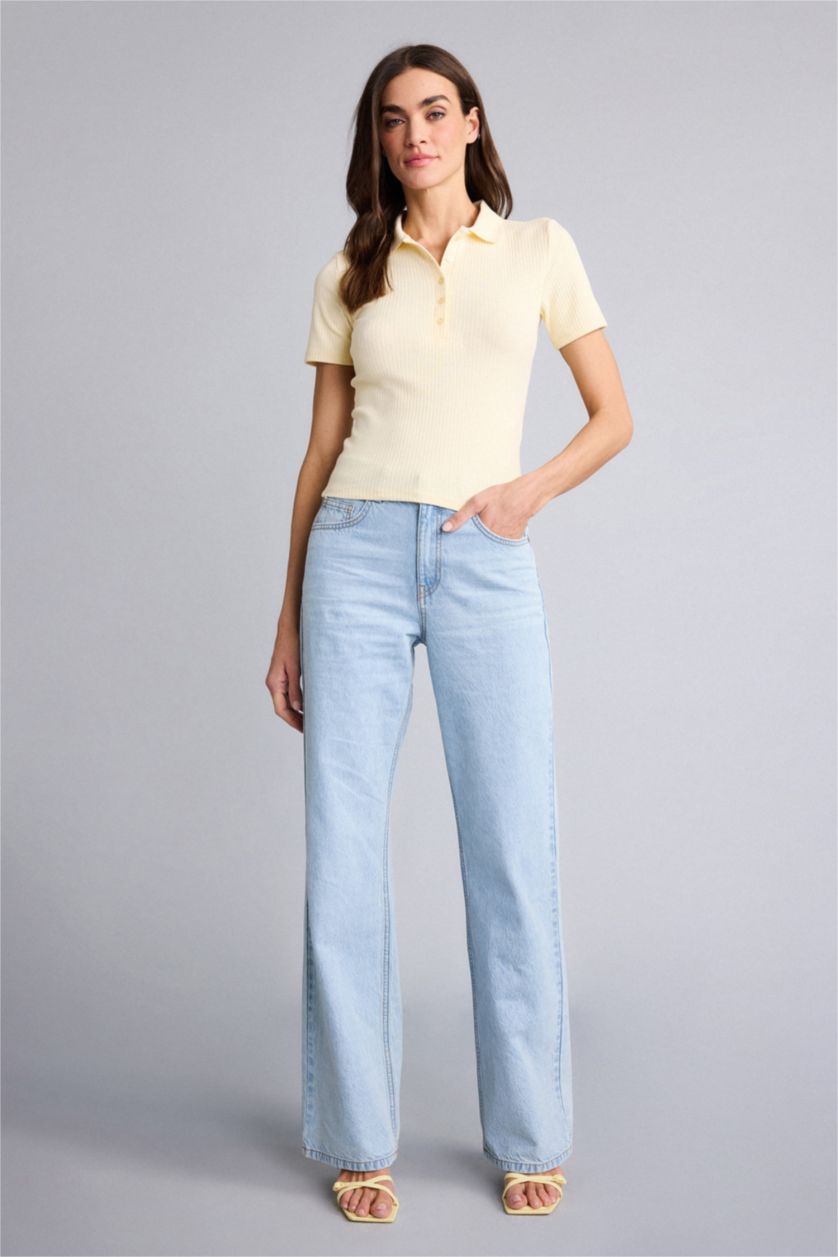 Kadın Açık Sarı Slım Fıt Polo Yaka Fitilli Kaşkorse Tişört