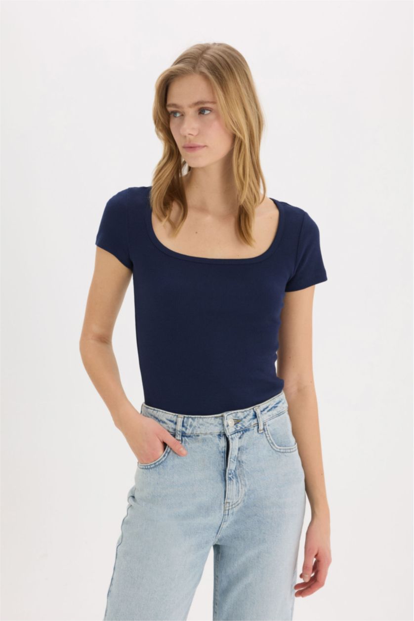 نساء كحلي بودي نص كم سليم برقبة مستديرة وأزرار