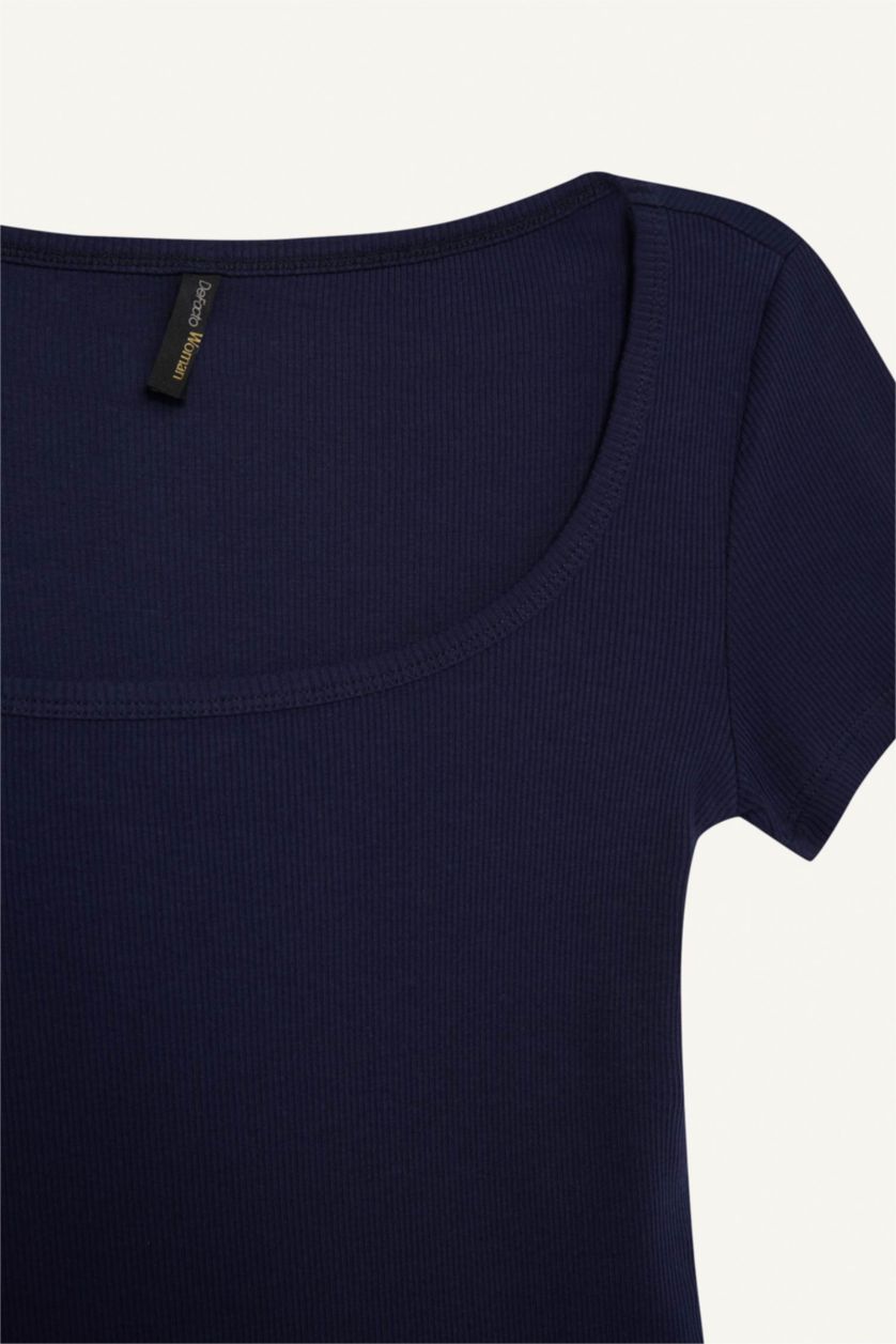 نساء كحلي بودي نص كم سليم برقبة مستديرة وأزرار