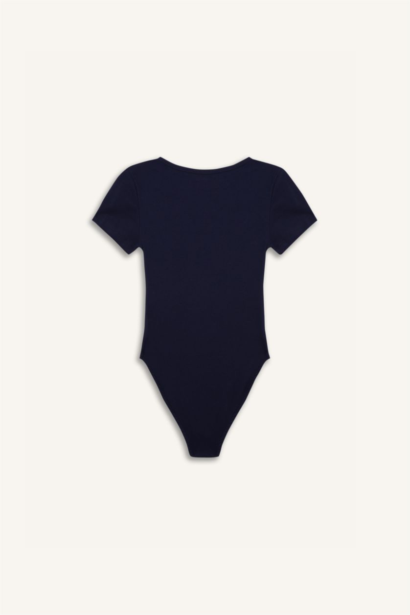 نساء كحلي بودي نص كم سليم برقبة مستديرة وأزرار