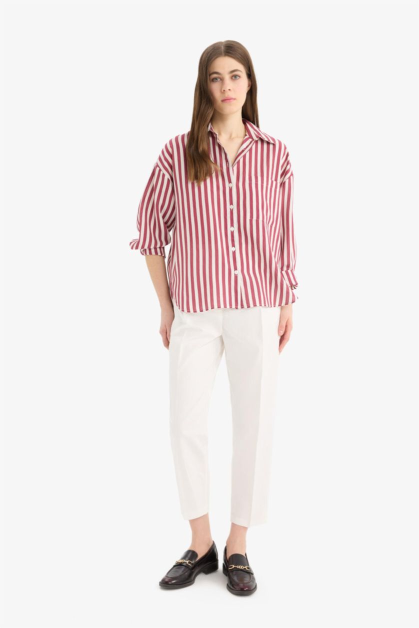 Woman Bordeaux Oversize Fit Shirt Collar Striped Long Sleeve Shirt