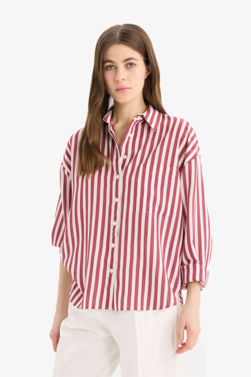 Woman Bordeaux Oversize Fit Shirt Collar Striped Long Sleeve Shirt
