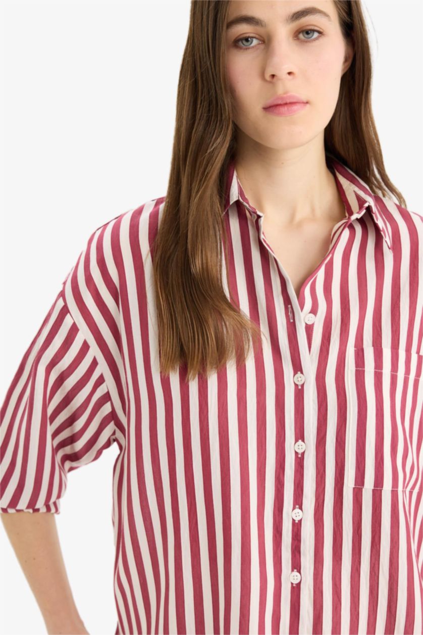 Woman Bordeaux Oversize Fit Shirt Collar Striped Long Sleeve Shirt