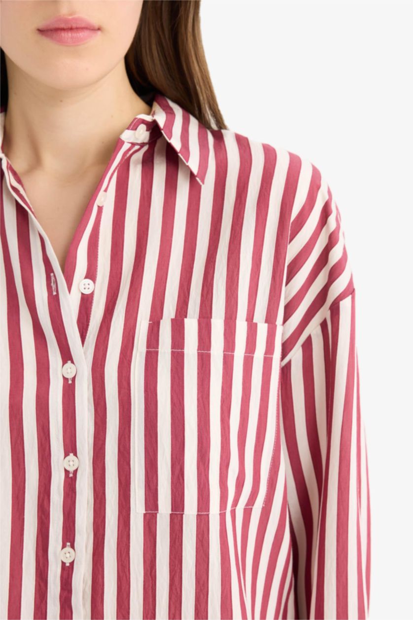 Woman Bordeaux Oversize Fit Shirt Collar Striped Long Sleeve Shirt