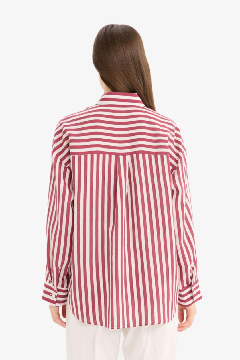 Woman Bordeaux Oversize Fit Shirt Collar Striped Long Sleeve Shirt
