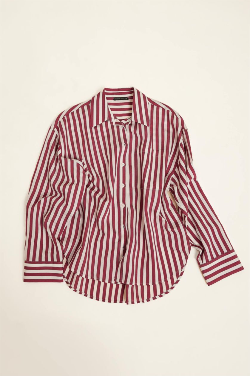 Woman Bordeaux Oversize Fit Shirt Collar Striped Long Sleeve Shirt