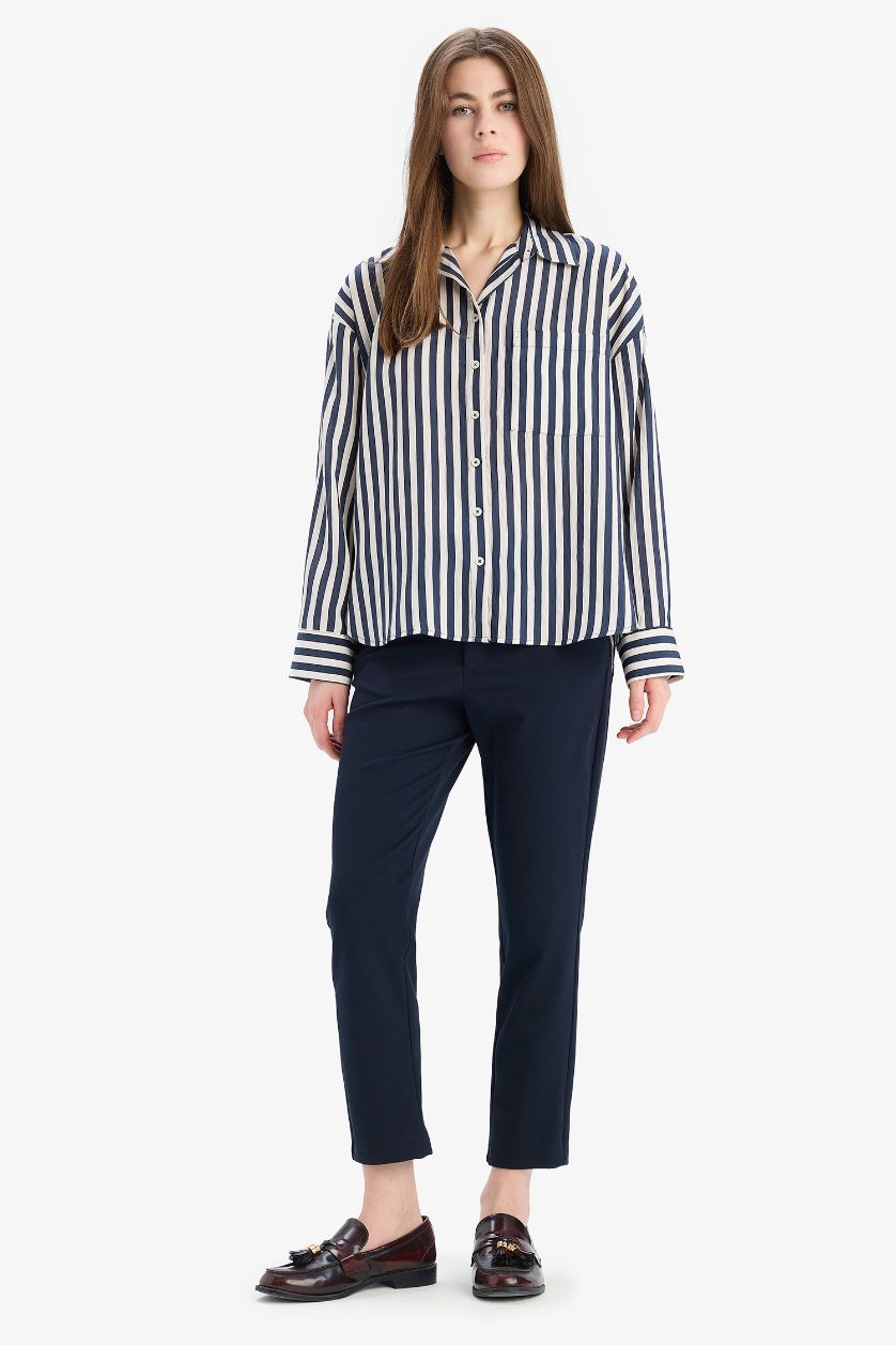 WOMAN NAVY Oversize Fit Shirt Collar Striped Long Sleeve Shirt