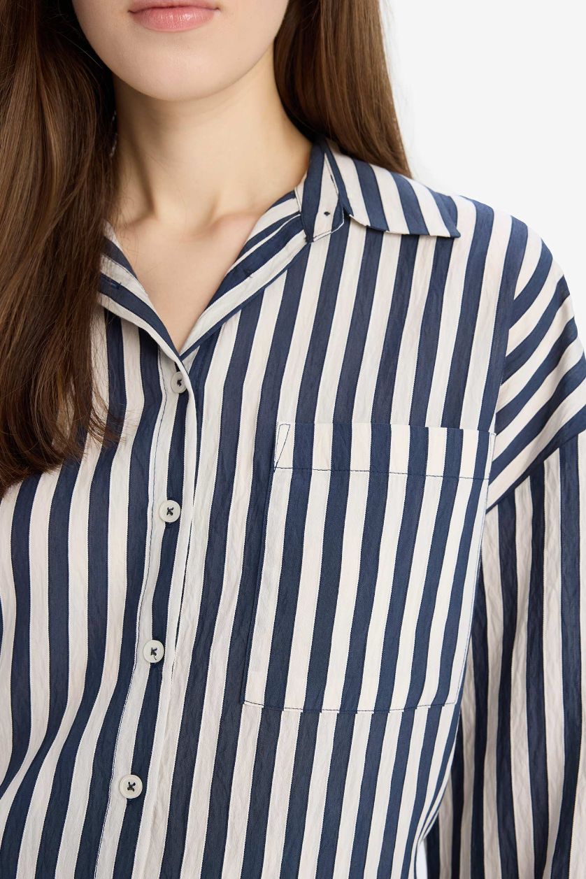 WOMAN NAVY Oversize Fit Shirt Collar Striped Long Sleeve Shirt