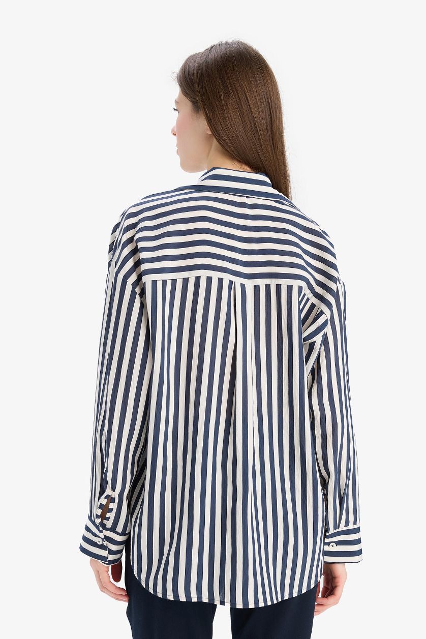 WOMAN NAVY Oversize Fit Shirt Collar Striped Long Sleeve Shirt