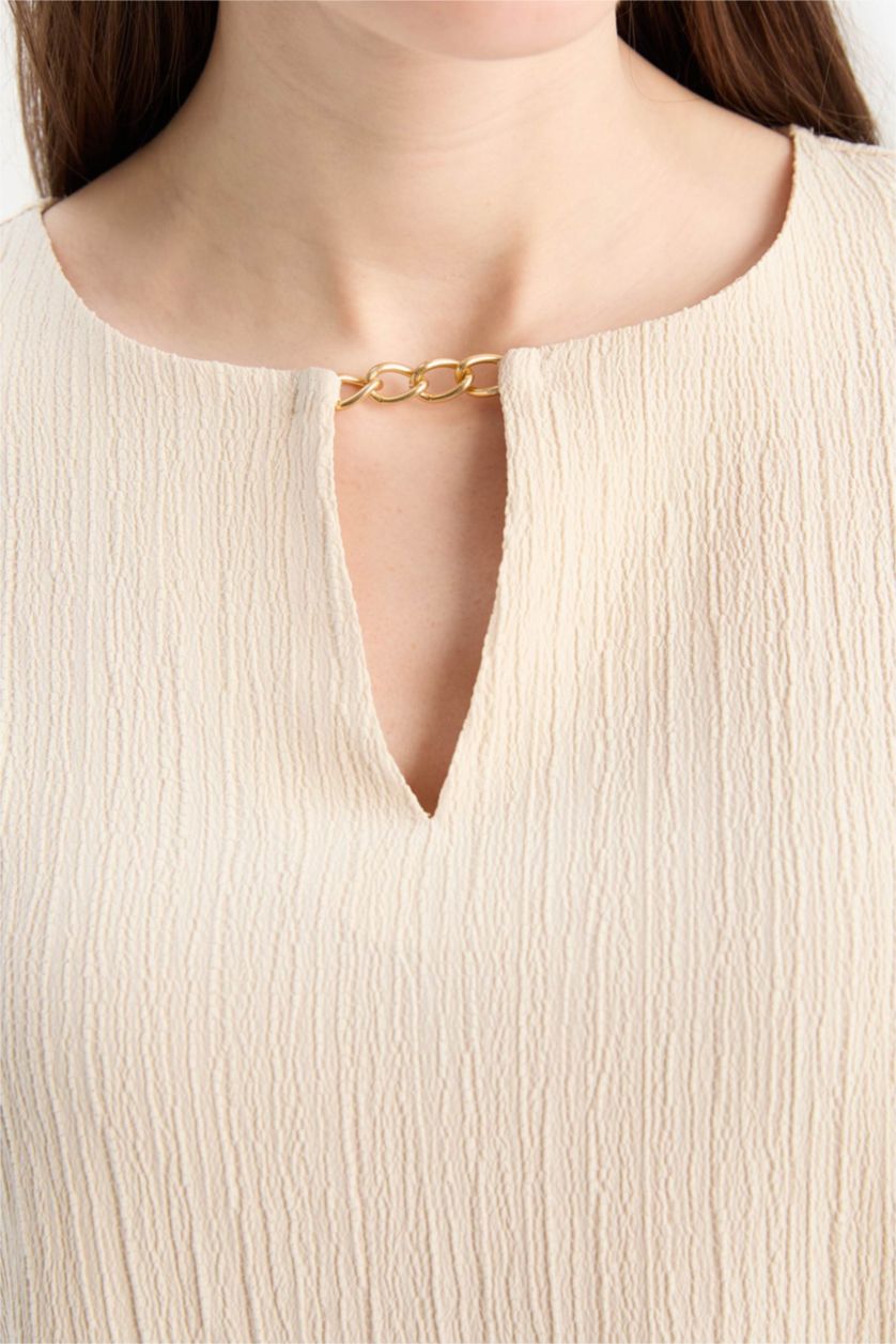 نساء حجري فاتح بلوزة نص كم قصة عادية بياقة مستديرة