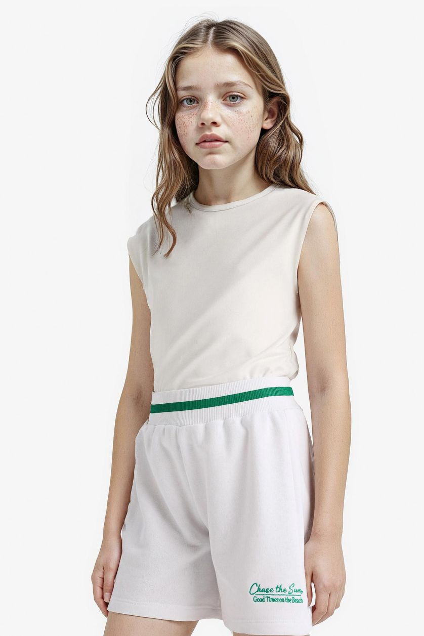 Kız Çocuk - Genç Kız Beyaz Baskılı Beli Lastikli Şort Kız Çocuk