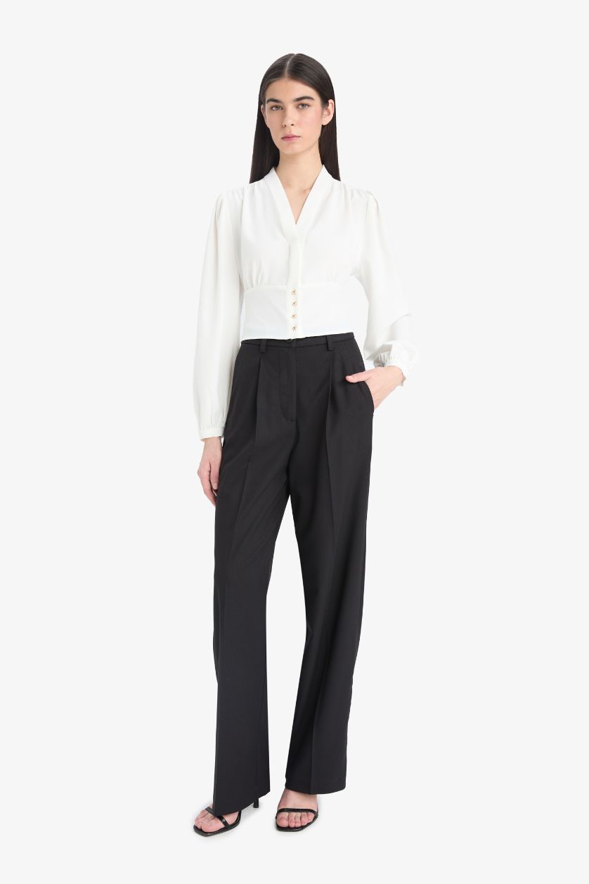 Woman Ecru Slim Fit V-Neck Long Sleeve Blouse