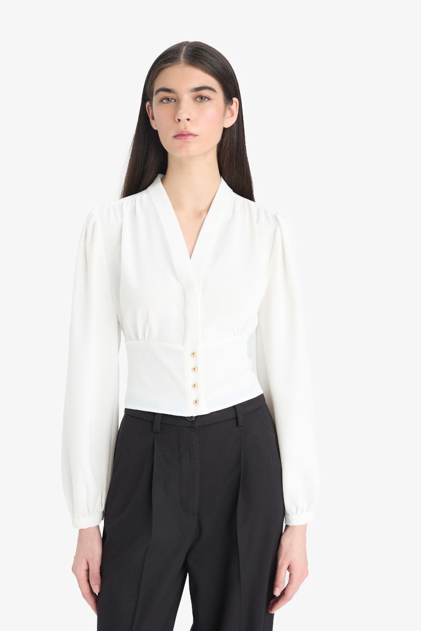 Woman Ecru Slim Fit V-Neck Long Sleeve Blouse