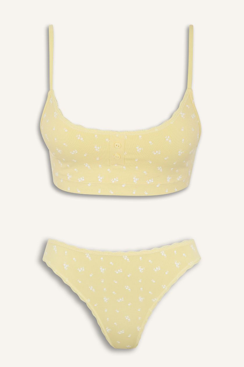 Kadın Sarı 2'li Takım Desenli Seamless Kumaş Bralet Külot