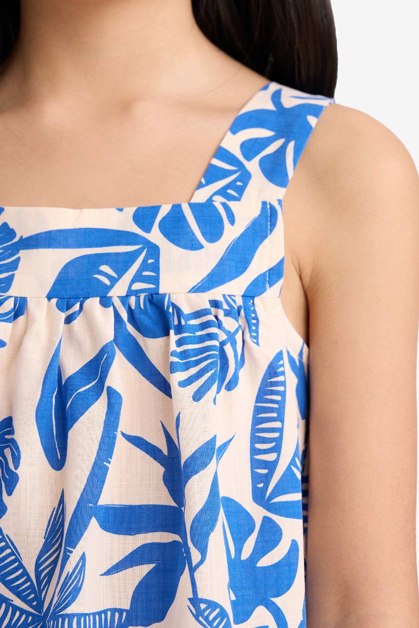 Kız Çocuk - Genç Kız Ekru 2'li Takım Keten Görünümlü Desenli Kolsuz Bluz Pantolon Kız Çocuk