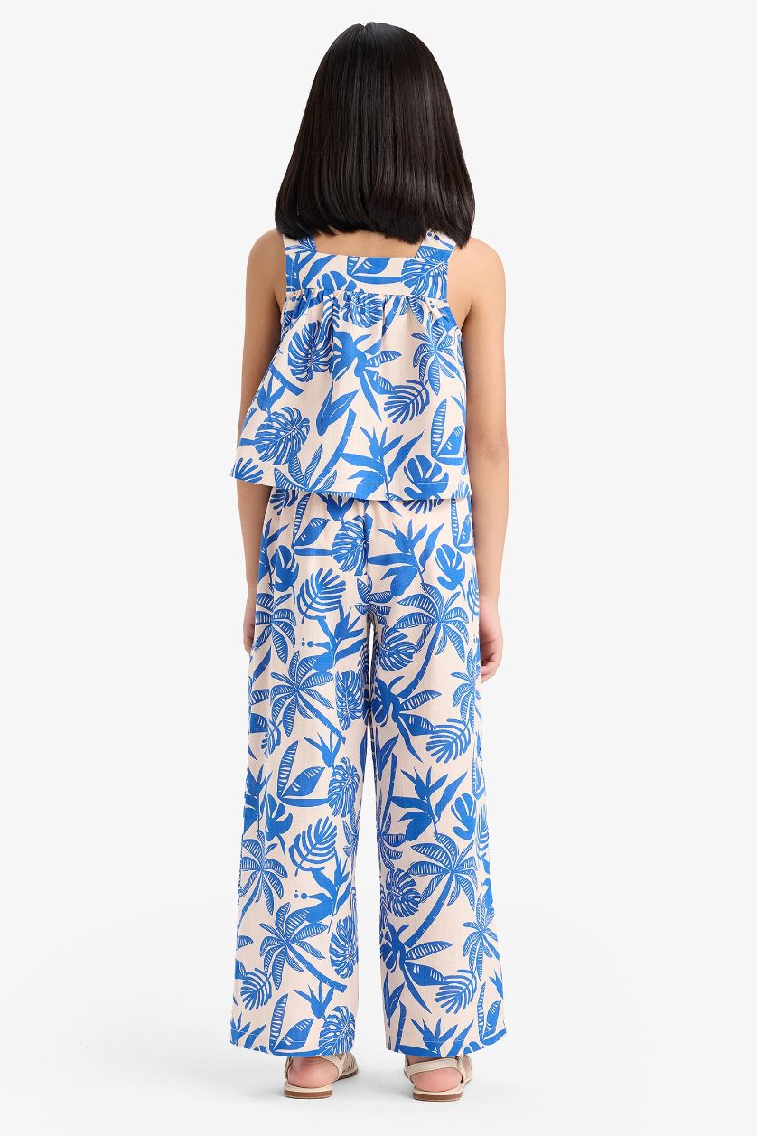 Kız Çocuk - Genç Kız Ekru 2'li Takım Keten Görünümlü Desenli Kolsuz Bluz Pantolon Kız Çocuk