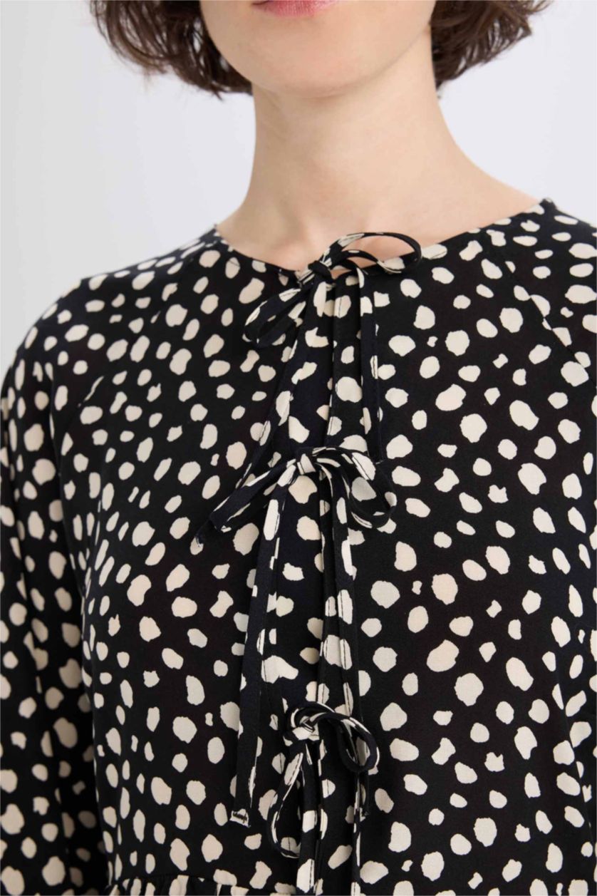 Kadın Siyah Bisiklet Yaka Puantiye Uzun Kollu Mini Elbise