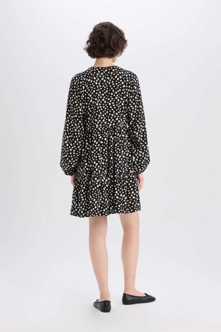 Kadın Siyah Bisiklet Yaka Puantiye Uzun Kollu Mini Elbise
