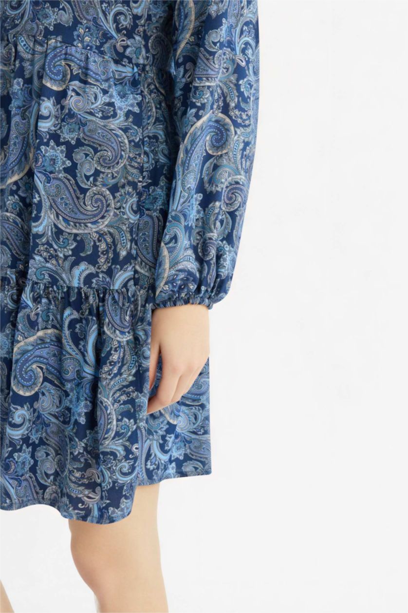 Woman NAVY Crew Neck Patterned Long Sleeve Mini Dress