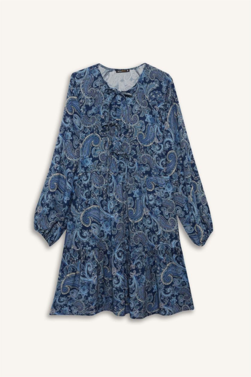 Woman NAVY Crew Neck Patterned Long Sleeve Mini Dress