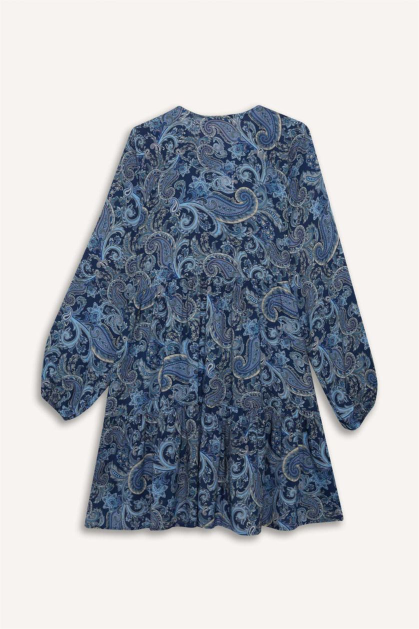Woman NAVY Crew Neck Patterned Long Sleeve Mini Dress