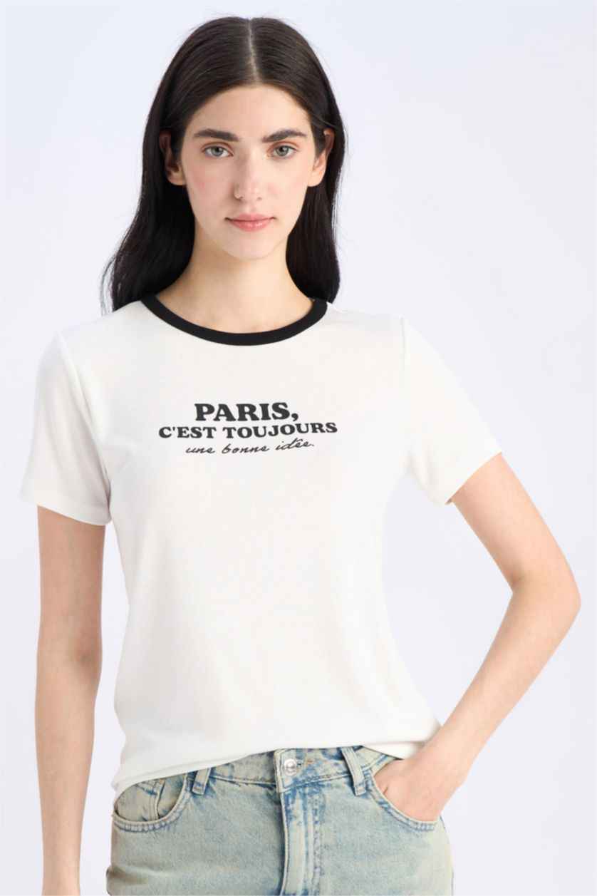 WOMAN Ecru Regular Fit Crew Neck Slogan Printed T-Shirt