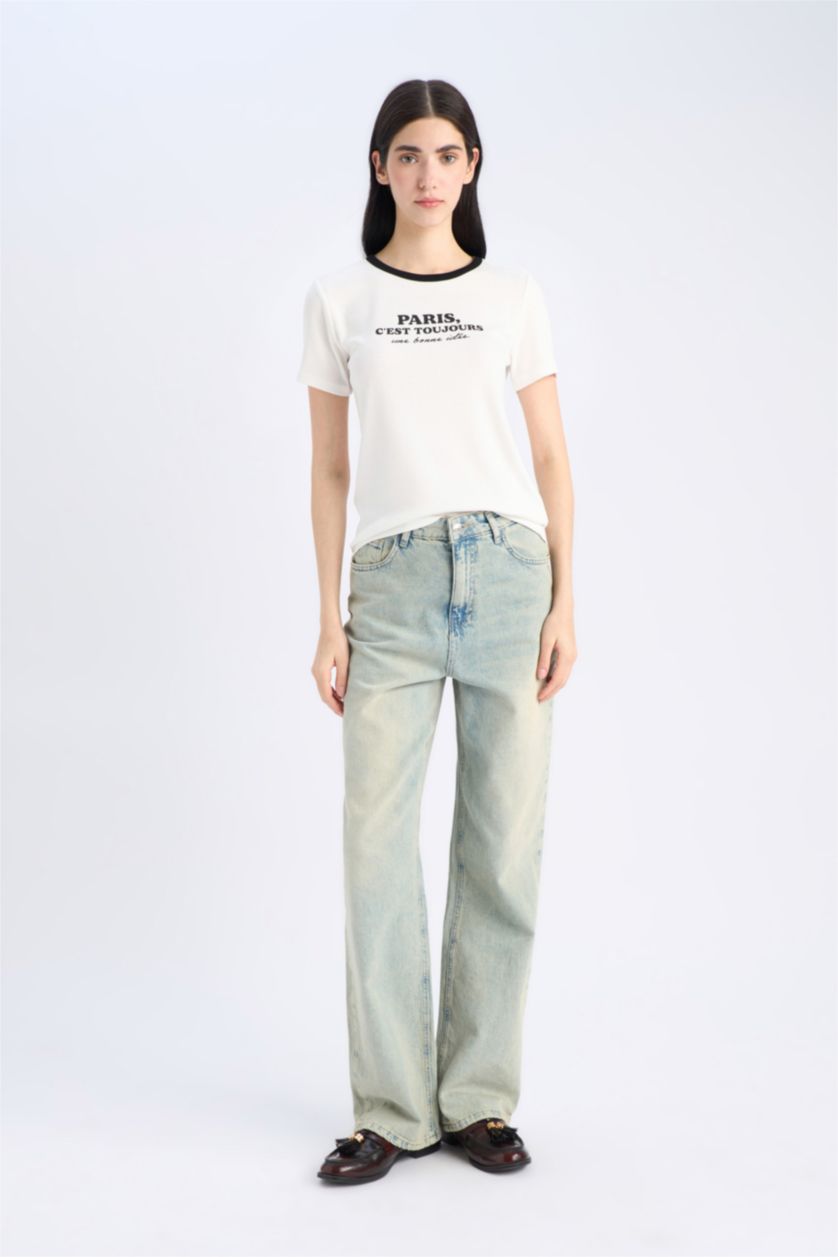 WOMAN Ecru Regular Fit Crew Neck Slogan Printed T-Shirt