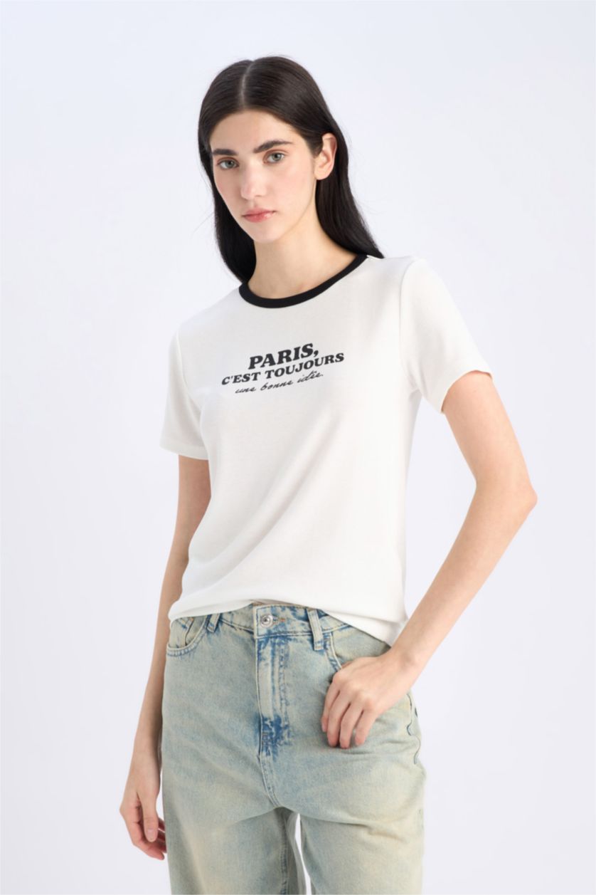 WOMAN Ecru Regular Fit Crew Neck Slogan Printed T-Shirt