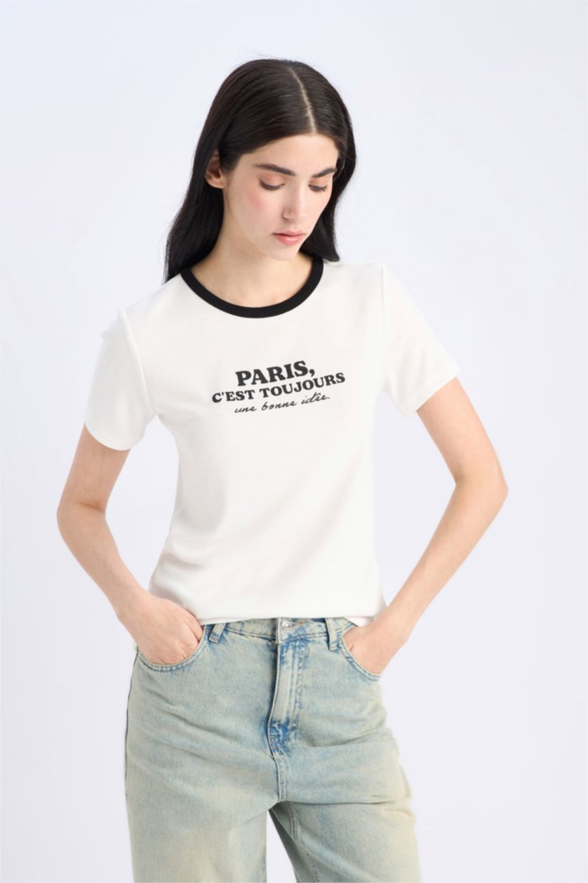 WOMAN Ecru Regular Fit Crew Neck Slogan Printed T-Shirt