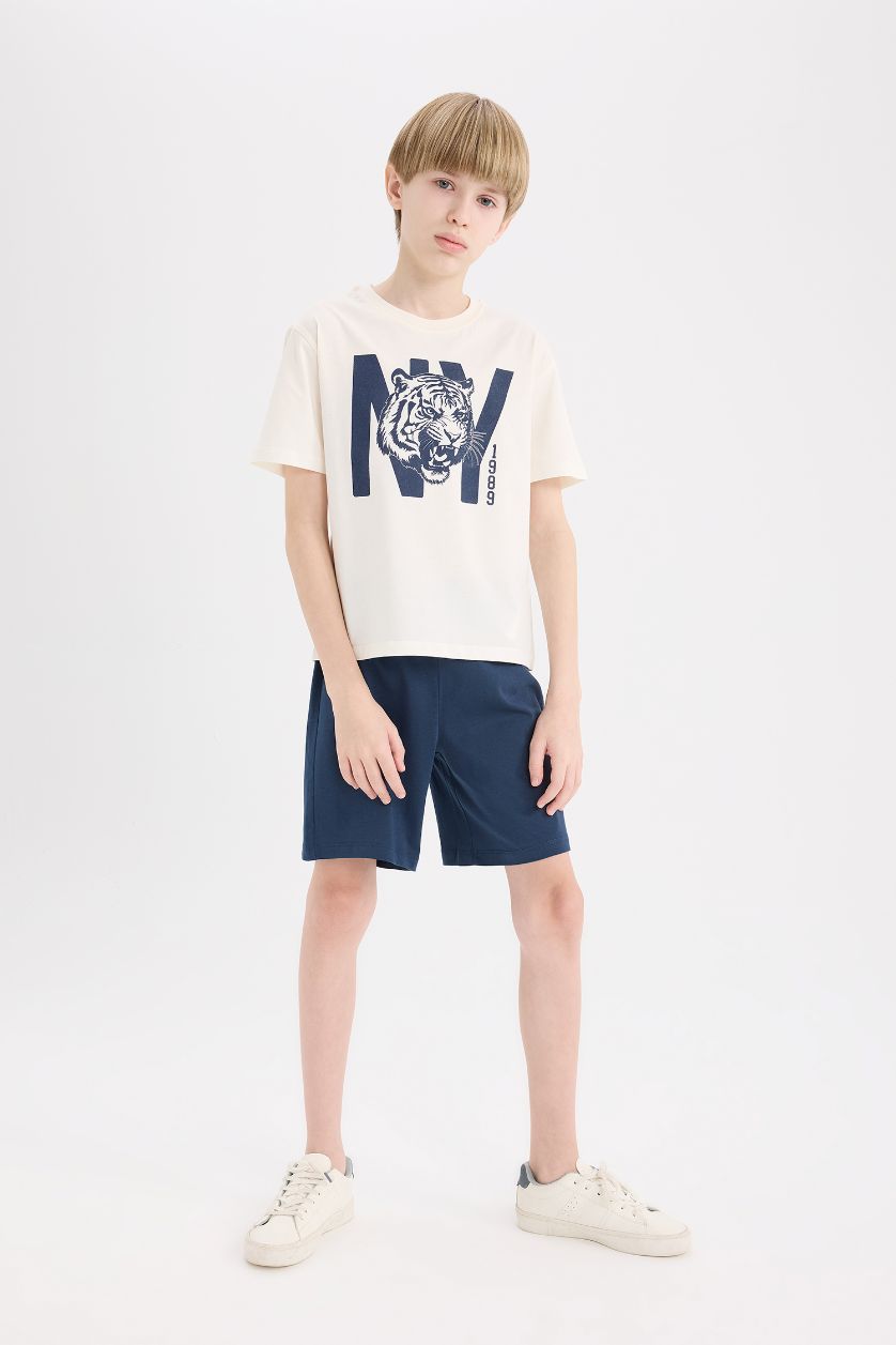Мальчики и подростки Бежевый Новый комплект пижамы для мальчиков: верх с короткими рукавами и низ-шорты с эластичной талией, для мальчиков
