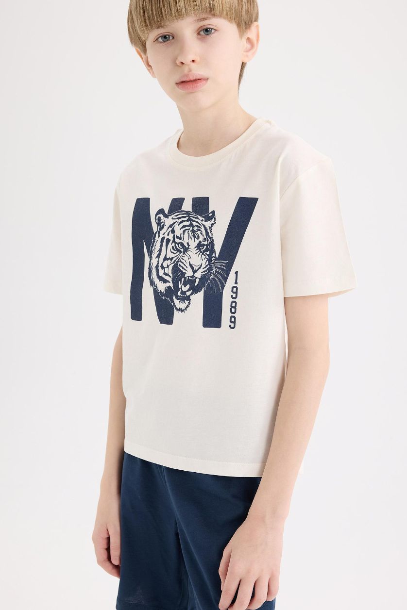 Мальчики и подростки Бежевый Новый комплект пижамы для мальчиков: верх с короткими рукавами и низ-шорты с эластичной талией, для мальчиков