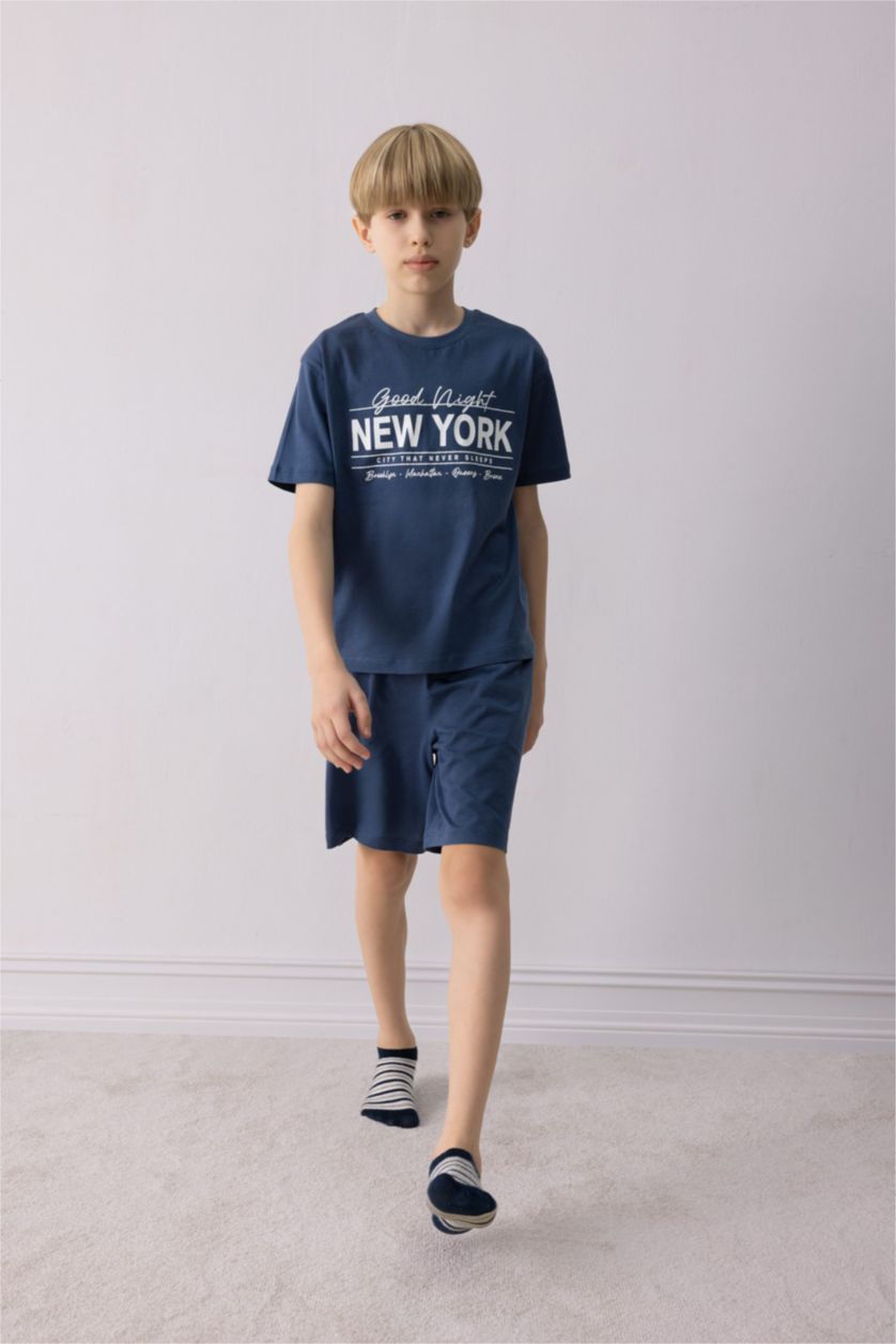 Erkek Çocuk - Genç Erkek İndigo Erkek Çocuk Pijama Takımı Baskılı Kısa Kollu Tişört Beli Lastikli Şort