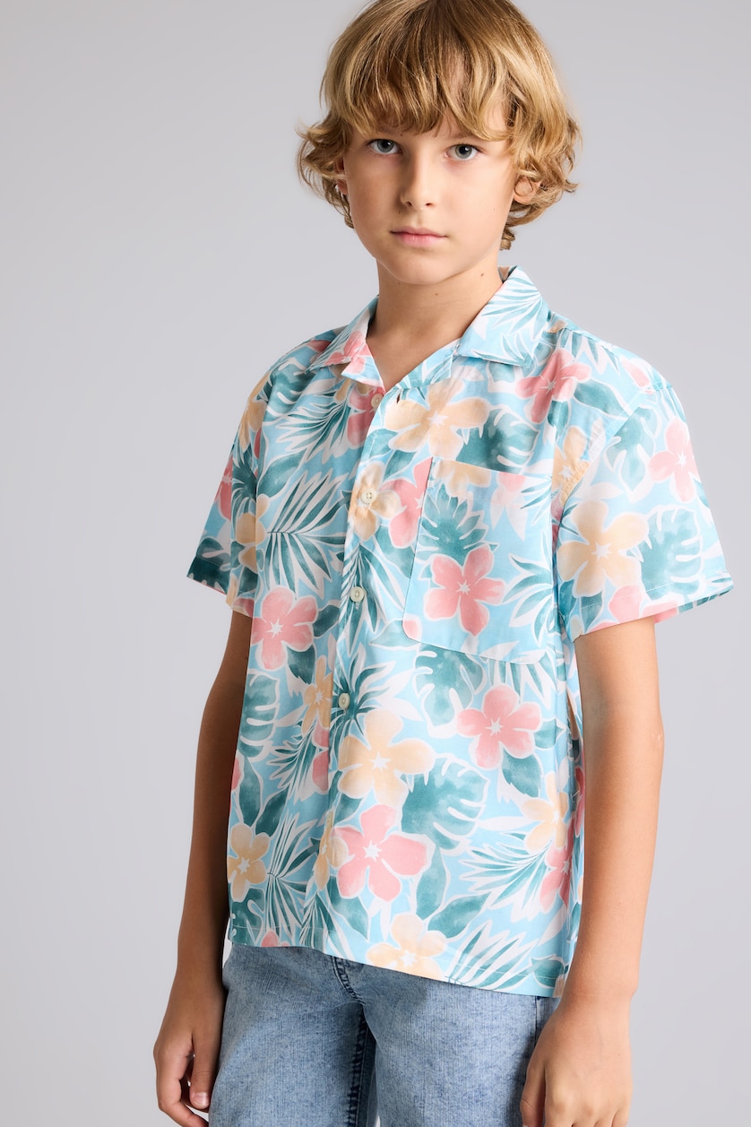 Boys & Teens Light Blue Boy Oversize Polo Neck Patterned Cotton Shirt