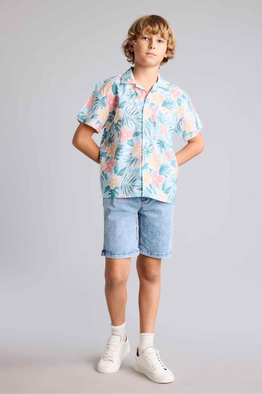 Boys & Teens Light Blue Boy Oversize Polo Neck Patterned Cotton Shirt