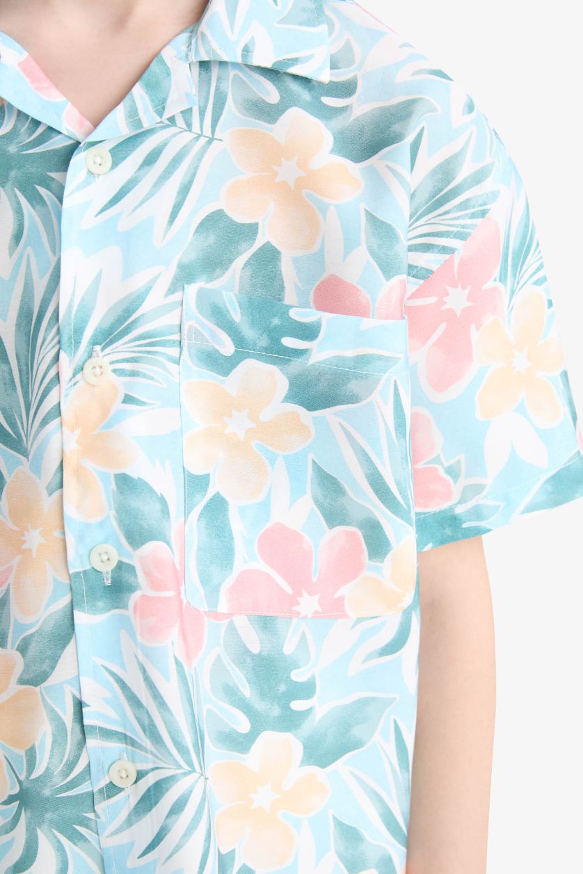 Erkek Çocuk - Genç Erkek Açık Mavi Oversize Geniş Kalıp Polo Yaka Desenli Pamuklu Kısa Kollu Gömlek Erkek Çocuk