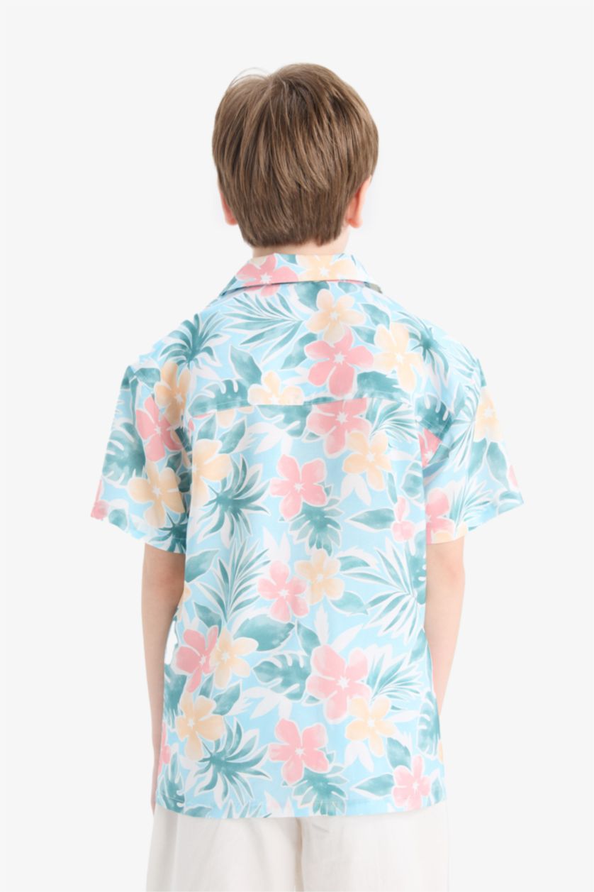 Erkek Çocuk - Genç Erkek Açık Mavi Oversize Geniş Kalıp Polo Yaka Desenli Pamuklu Kısa Kollu Gömlek Erkek Çocuk