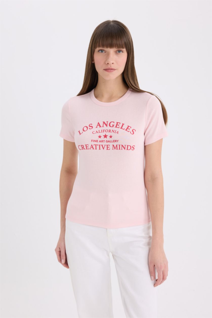 Kadın Açık Pembe Regular Fit Bisiklet Yaka Baskılı Ribana Kısa Kollu Tişört