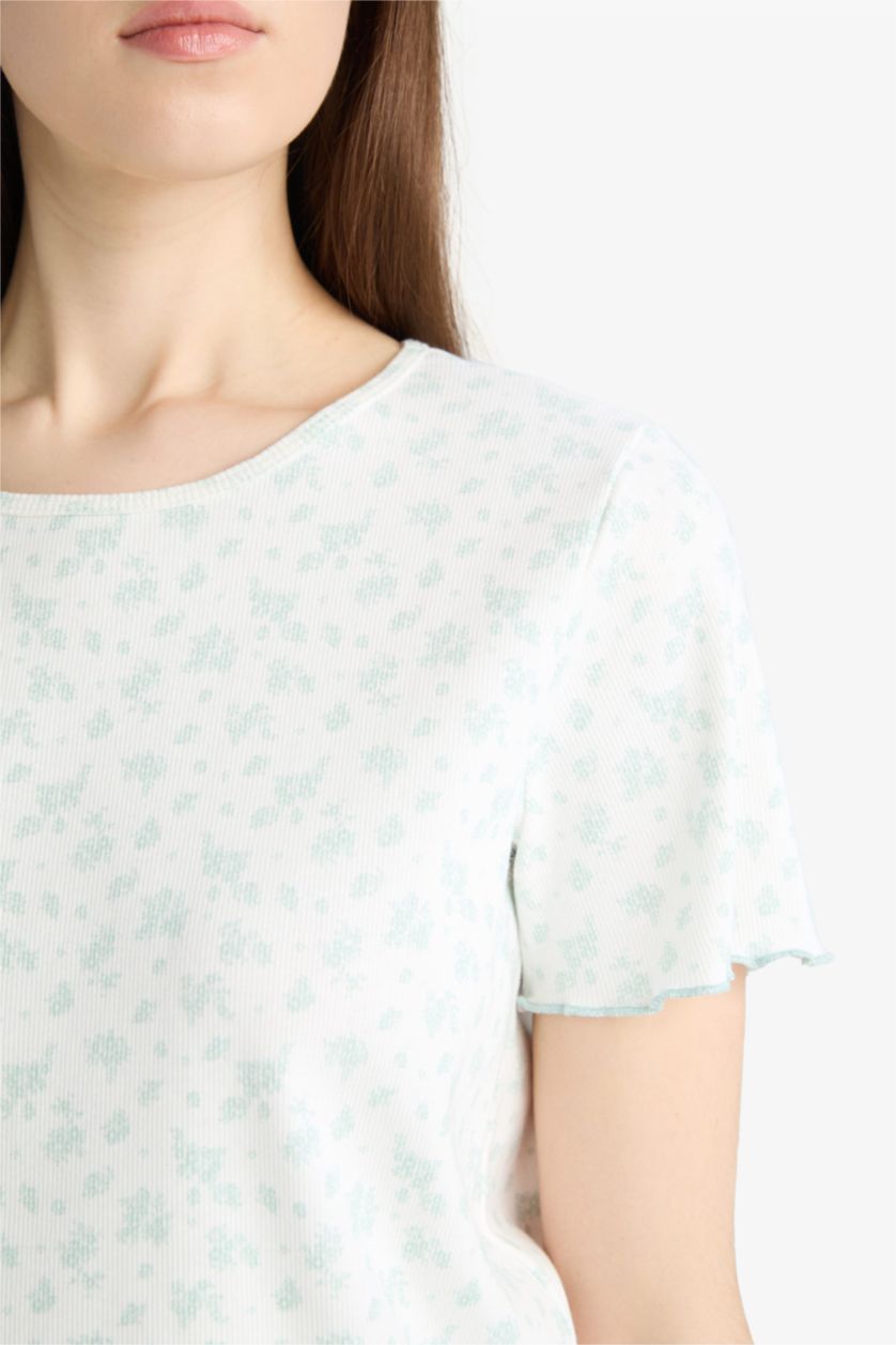 Kadın Ekru Pijama Takımı Ribana Kısa Kollu Üst Beli Lastikli Uzun Alt