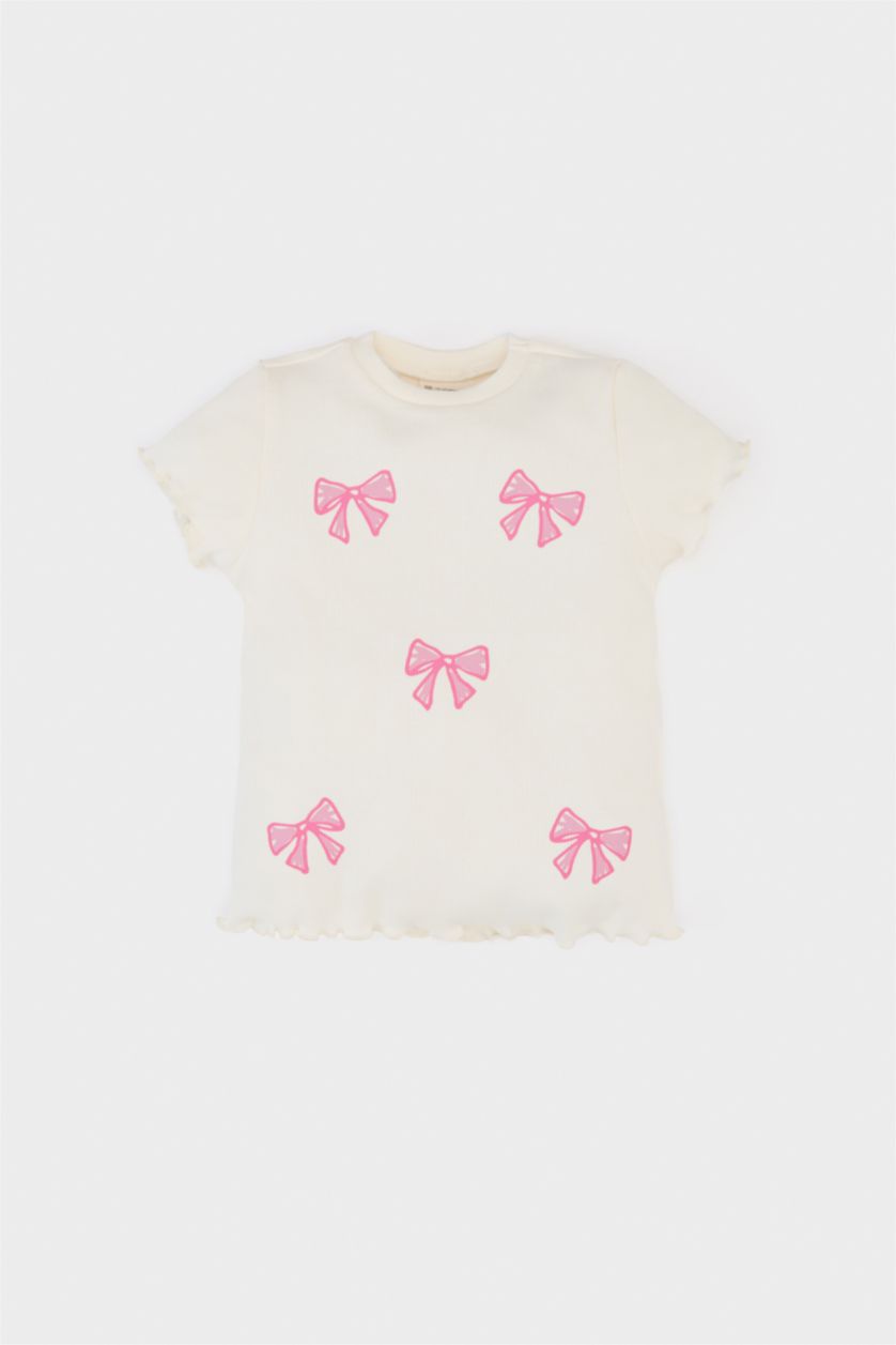 BABY GIRL Ecru Girl Crew Neck Ribbon Printed Corduroy T-Shirt