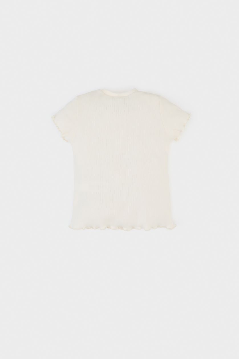 BABY GIRL Ecru Girl Crew Neck Ribbon Printed Corduroy T-Shirt