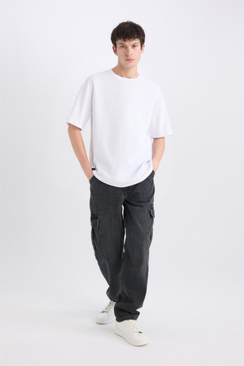 Erkek Siyah %100 Pamuk Relax Fit Rahat Kesim Geniş Paça Kargo Cepli Siyah Jean Pantolon