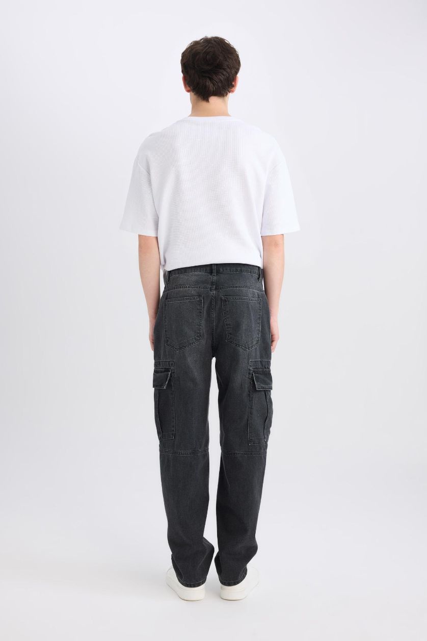Erkek Siyah %100 Pamuk Relax Fit Rahat Kesim Geniş Paça Kargo Cepli Siyah Jean Pantolon