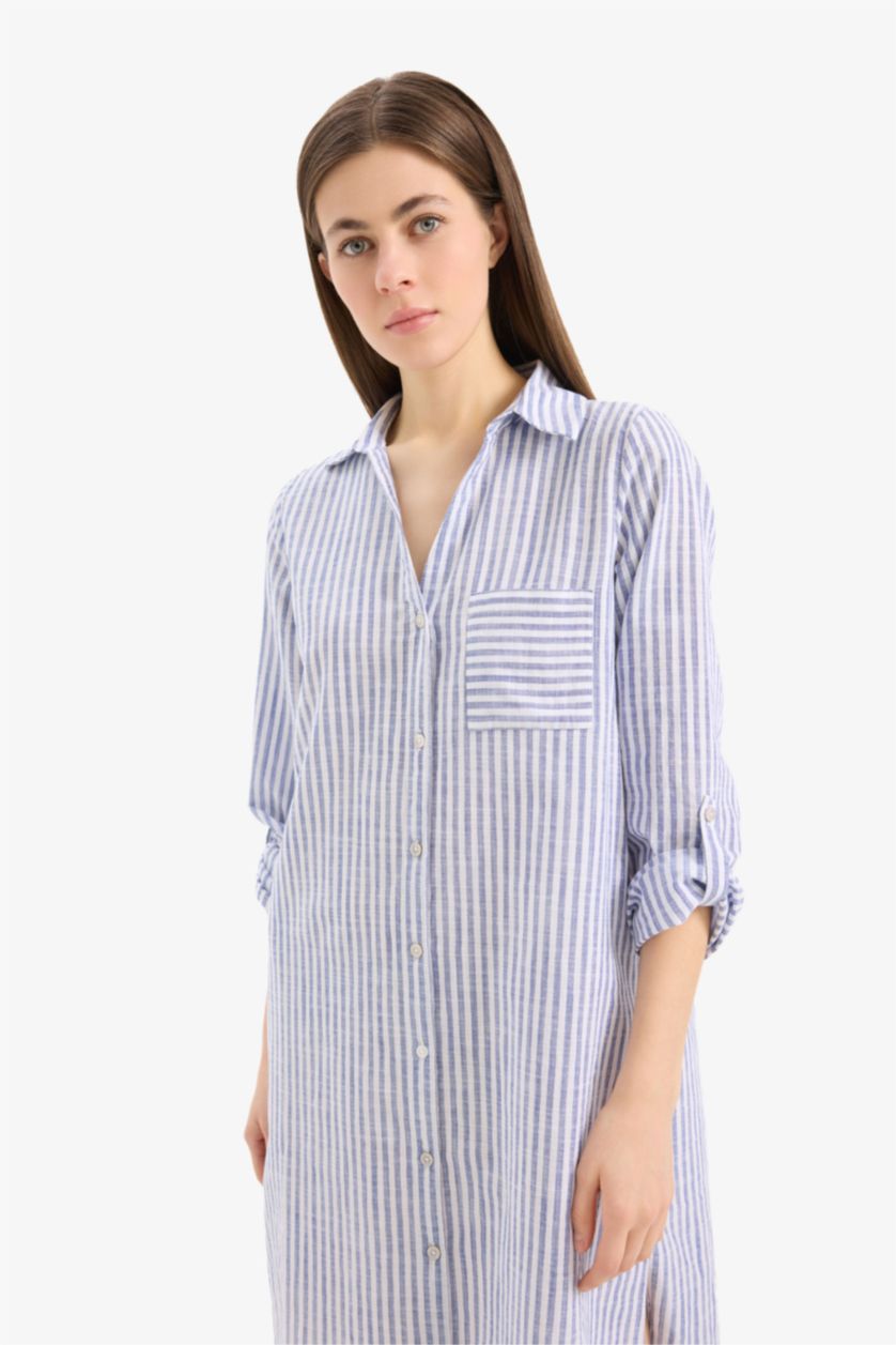 Kadın Koyu Mavi Gömlek Yaka Çizgili Uzun Plaj Gömleği
