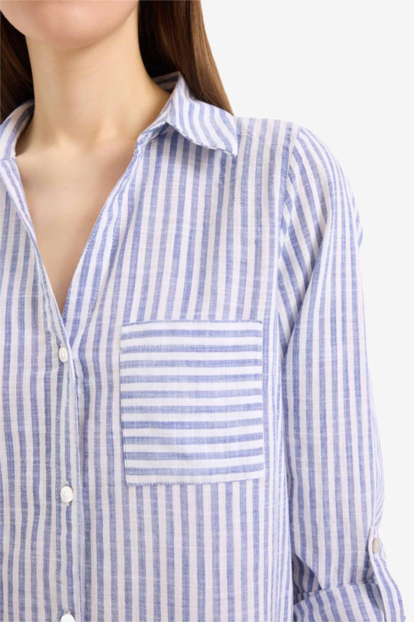 Kadın Koyu Mavi Gömlek Yaka Çizgili Uzun Plaj Gömleği